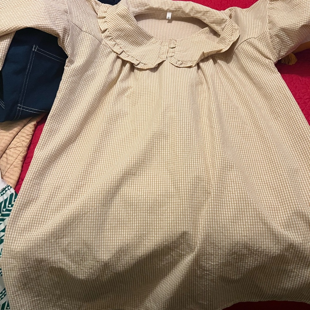Beige Gingham dress with Ruffle Collar